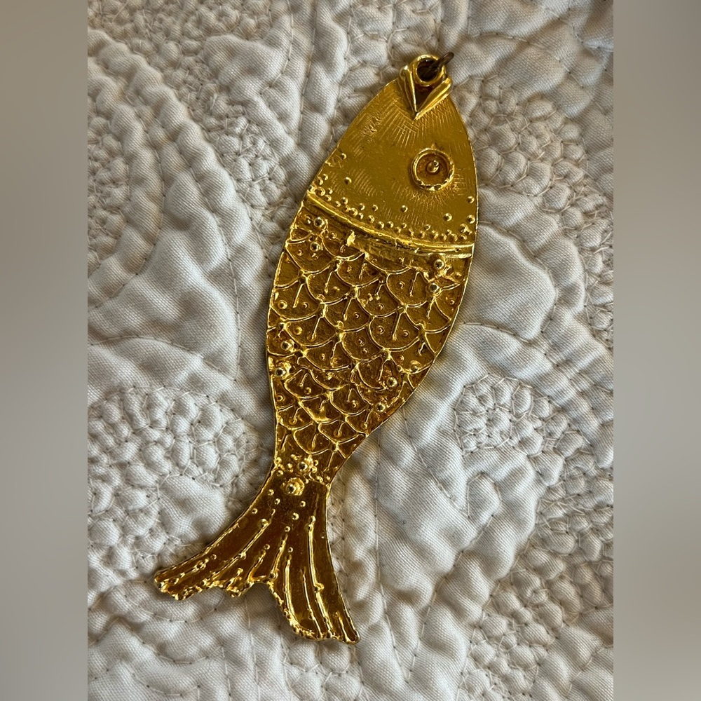 Large Vintage fish charm pendant gold tone